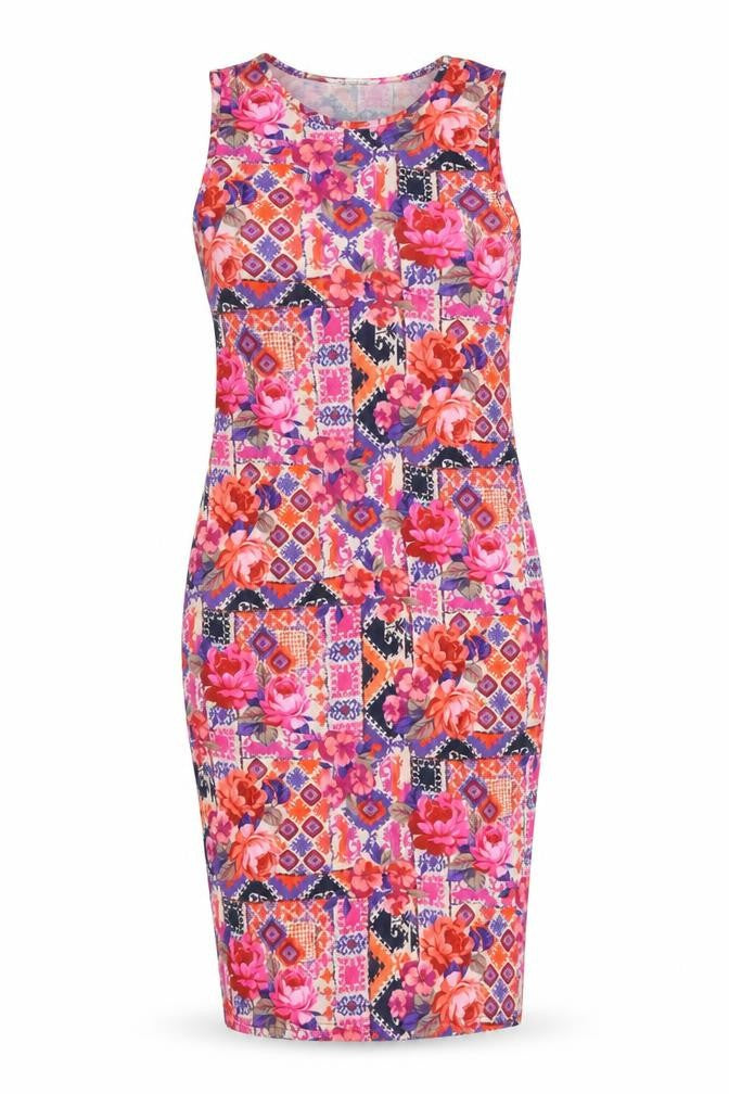 Front view of Miss Selfridge women’s multicoloured geometric polyester bodycon, size UK 12, round neck pullover