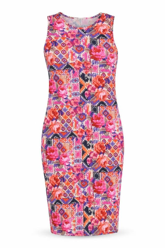 Front view of Miss Selfridge women’s multicoloured geometric polyester bodycon, size UK 12, round neck pullover