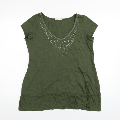 Marks and Spencer Womens Green Cotton Basic T-Shirt Size 16 V-Neck