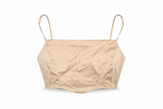 Front view of PRETTYLITTLETHING women’s beige polyester cropped t-shirt, size UK 12, square neck