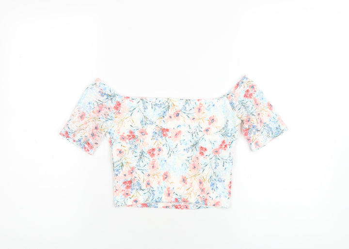 Hollister Womens Multicoloured Floral Nylon Basic T-Shirt Size M Off the Shoulder