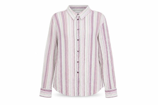 Front view of Next women’s pink striped cotton basic button-up, size UK 14, collared
