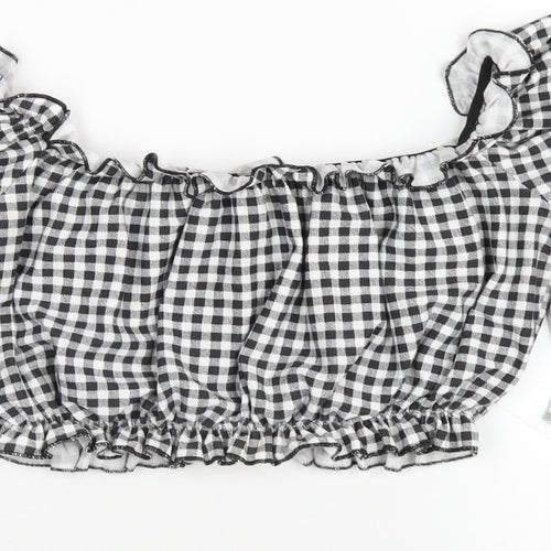 PRETTYLITTLETHING Womens Black Check Polyester Cropped T-Shirt Size 10 Off the Shoulder