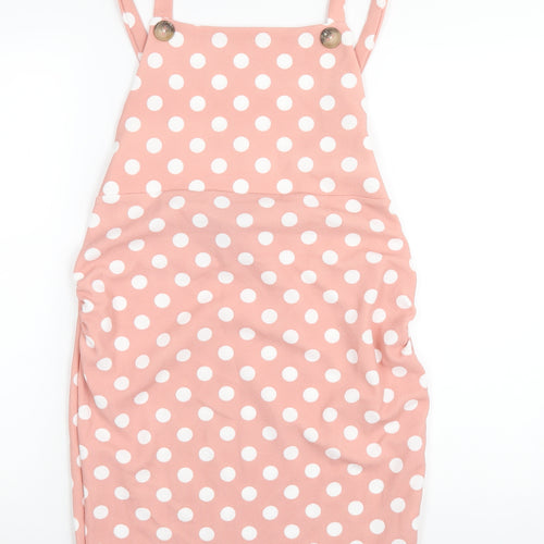 Boohoo Womens Pink Polka Dot Polyester Pinafore/Dungaree Dress Size 12 Square Neck Pullover
