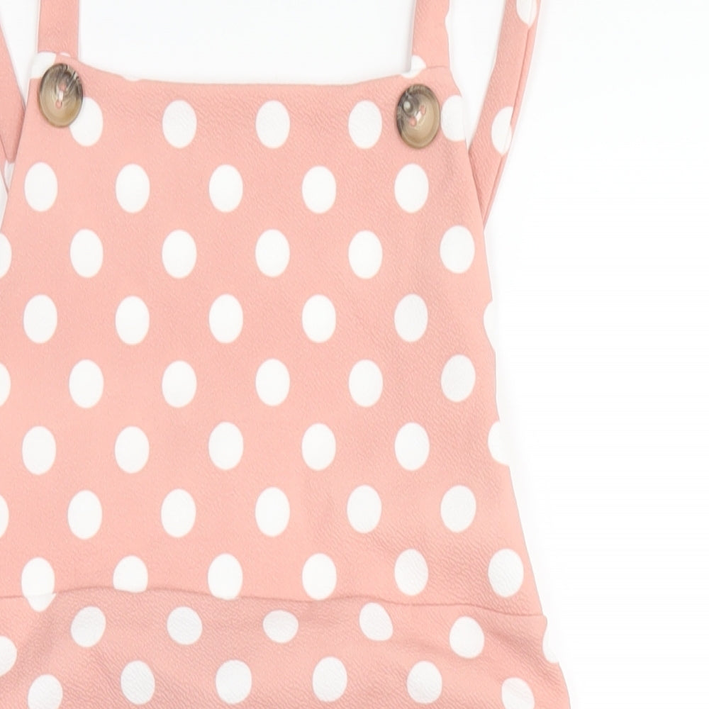 Boohoo Womens Pink Polka Dot Polyester Pinafore/Dungaree Dress Size 12 Square Neck Pullover