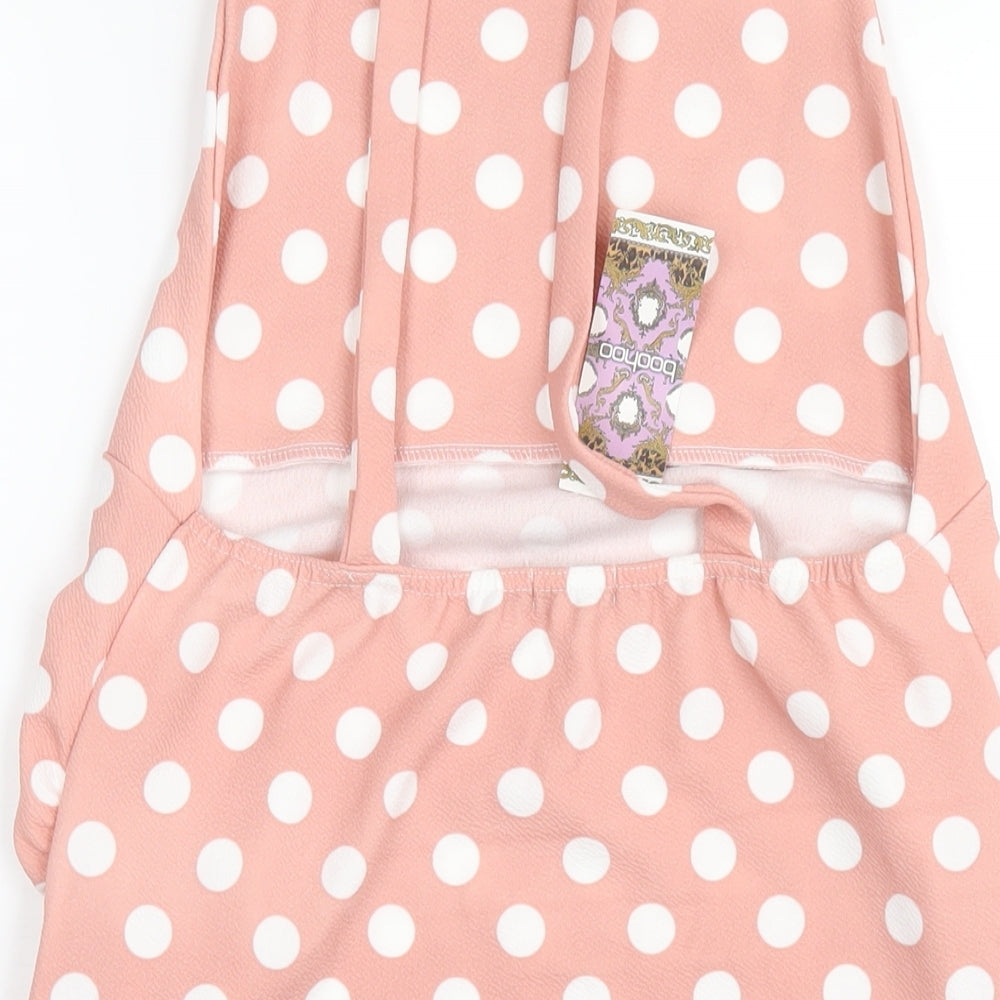 Boohoo Womens Pink Polka Dot Polyester Pinafore/Dungaree Dress Size 12 Square Neck Pullover
