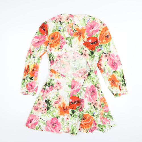 Zara Womens Multicoloured Floral Linen A-Line Size S Round Neck Zip