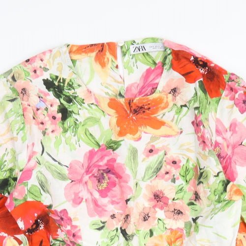 Zara Womens Multicoloured Floral Linen A-Line Size S Round Neck Zip