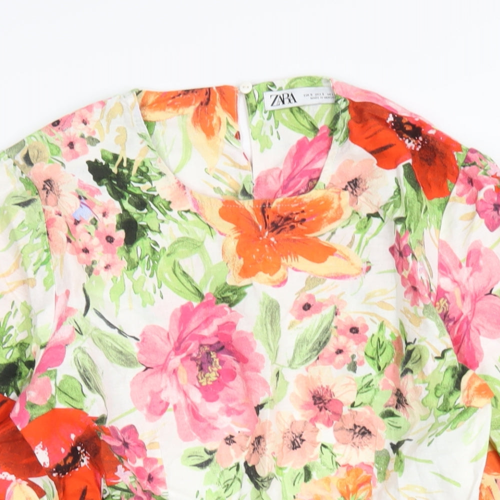 Zara Womens Multicoloured Floral Linen A-Line Size S Round Neck Zip