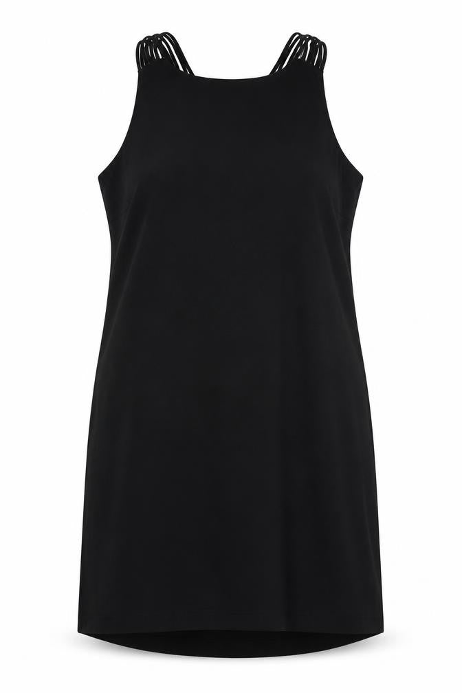 Front view of Marks & Spencer women’s black polyester a-line, size UK 14, round neck zip