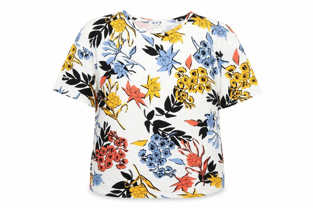 Front view of Simply Be women’s multicoloured geometric viscose basic t-shirt, size UK 16, round neck
