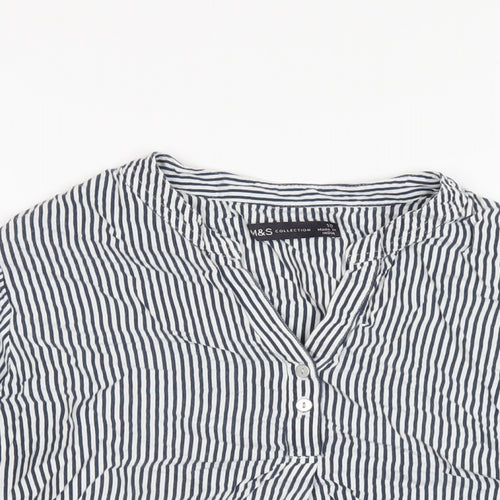 Marks and Spencer Womens Blue Striped Viscose Basic T-Shirt Size 10 V-Neck