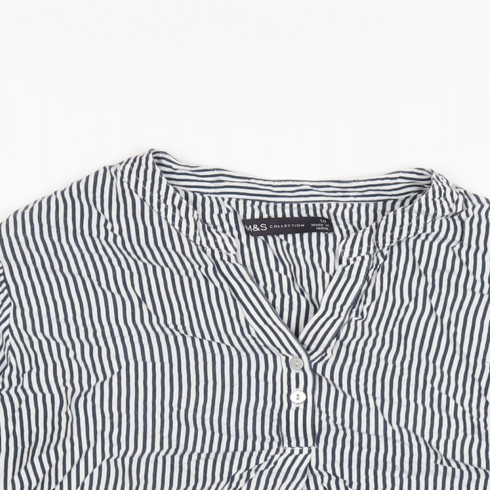 Marks and Spencer Womens Blue Striped Viscose Basic T-Shirt Size 10 V-Neck