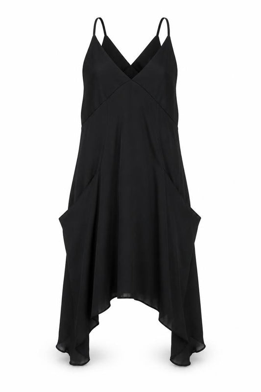 Front view of ASOS women’s black polyester a-line, size UK 8, v-neck pullover