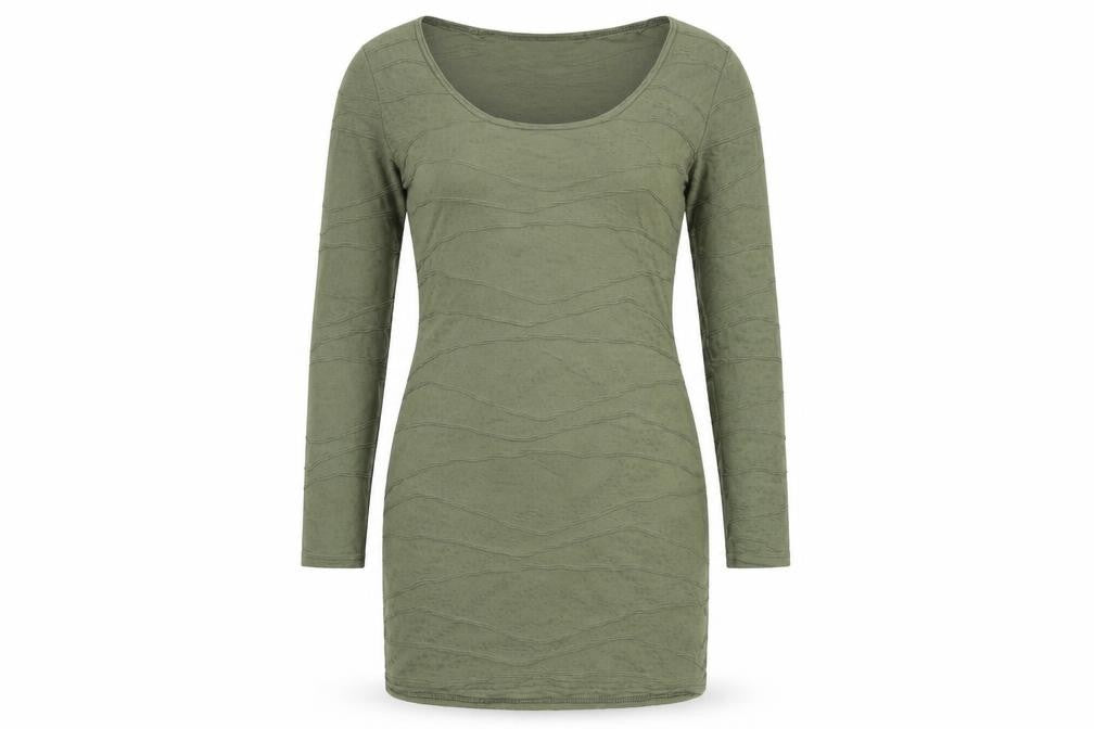 Front view of PRETTYLITTLETHING women’s green polyester bodycon, size UK 12, scoop neck pullover