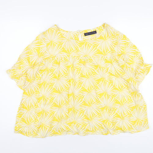 Marks and Spencer Womens Yellow Geometric Viscose Basic T-Shirt Size 10 Round Neck