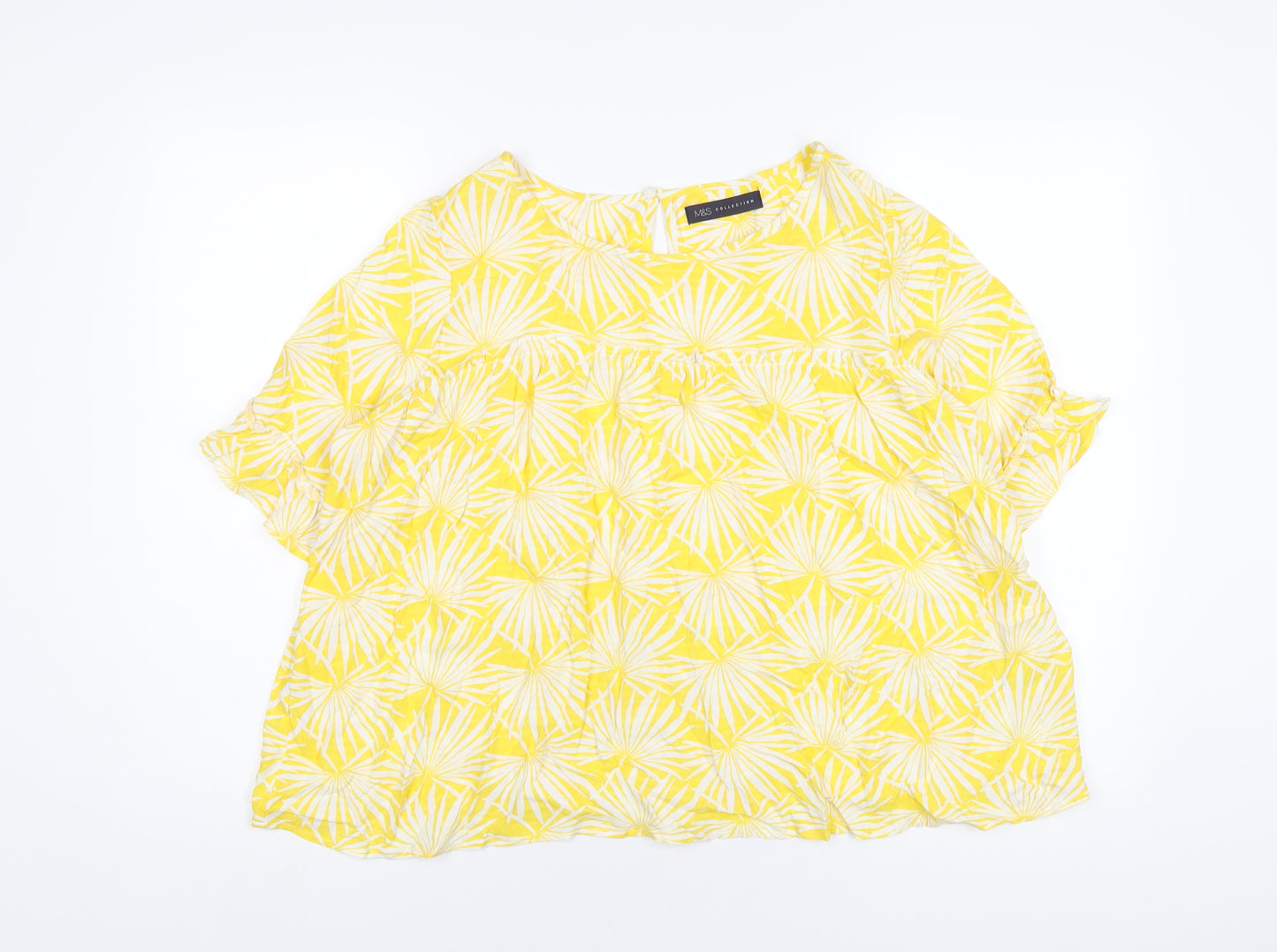 Marks and Spencer Womens Yellow Geometric Viscose Basic T-Shirt Size 10 Round Neck