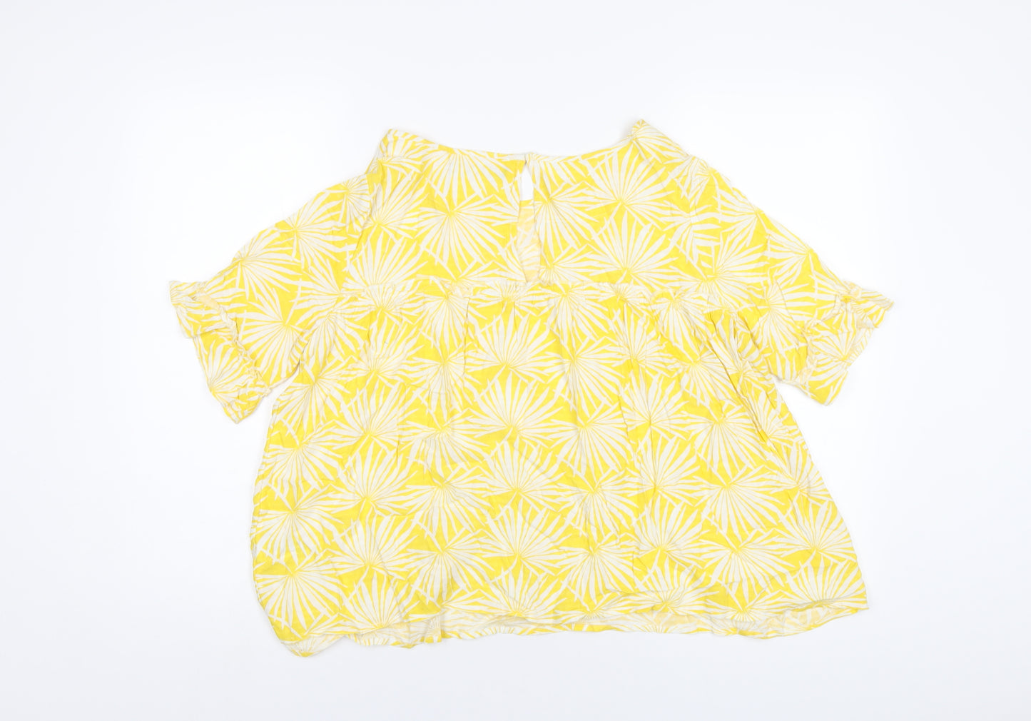 Marks and Spencer Womens Yellow Geometric Viscose Basic T-Shirt Size 10 Round Neck