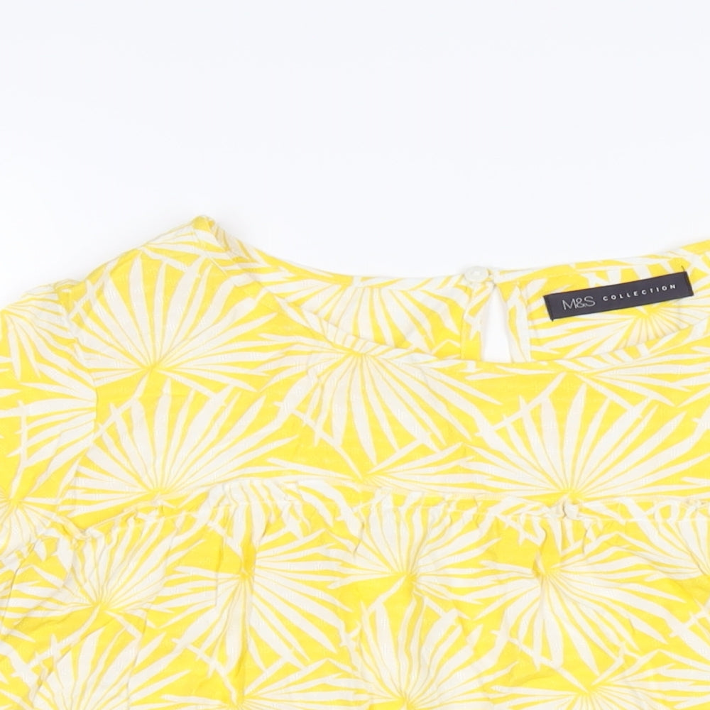 Marks and Spencer Womens Yellow Geometric Viscose Basic T-Shirt Size 10 Round Neck