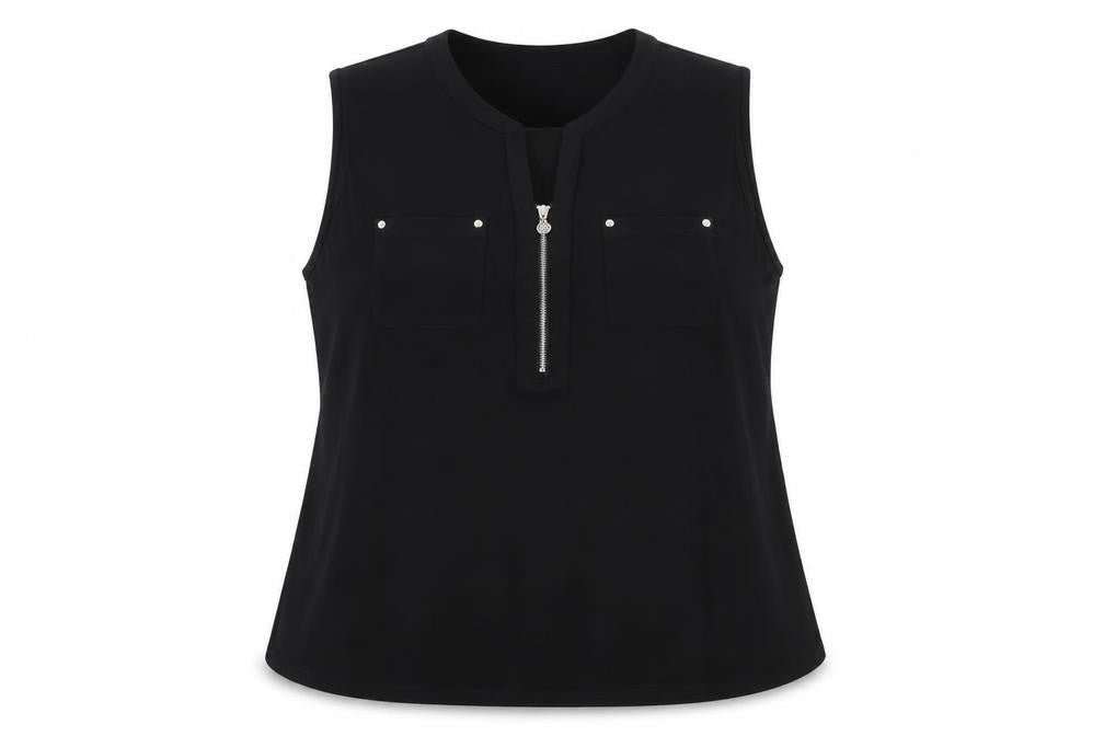Front view of Anne Klein women’s black polyethylene basic tank, size XL, v-neck