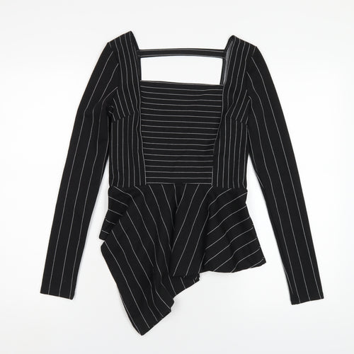 River Island Womens Black Striped Polyester Basic T-Shirt Size 8 Square Neck