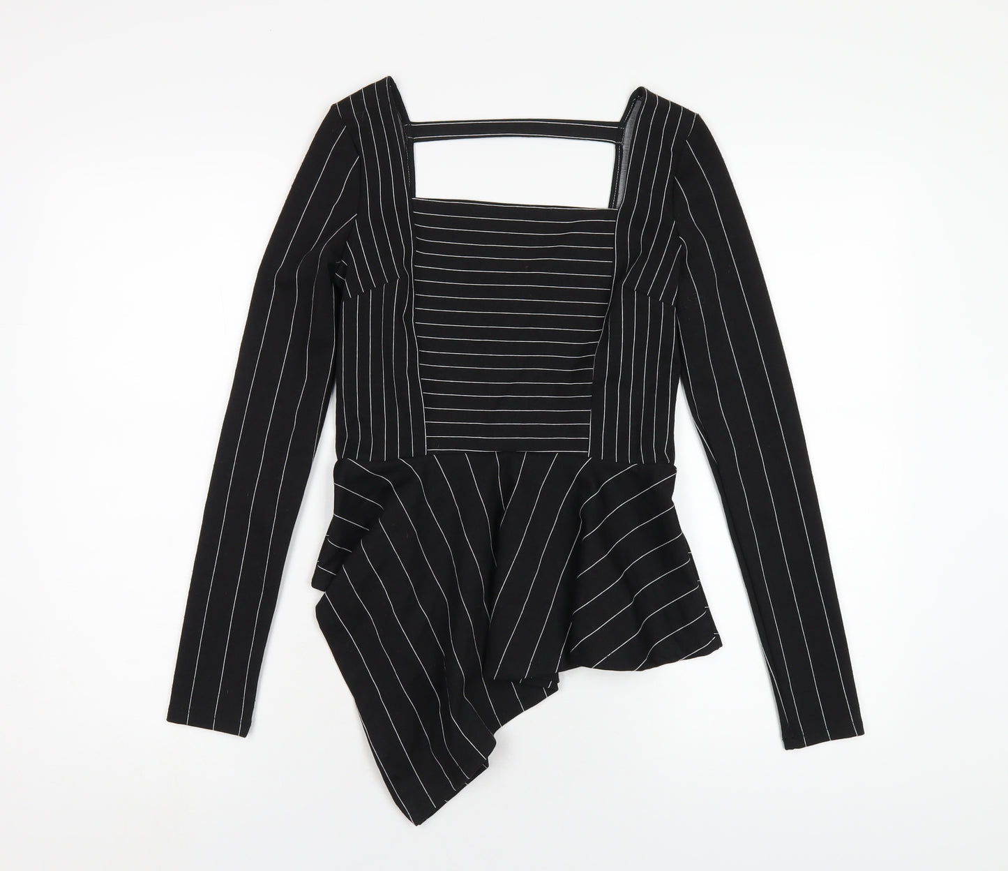 River Island Womens Black Striped Polyester Basic T-Shirt Size 8 Square Neck