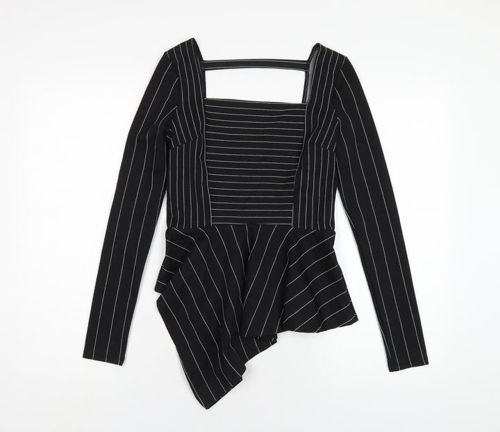 River Island Womens Black Striped Polyester Basic T-Shirt Size 8 Square Neck