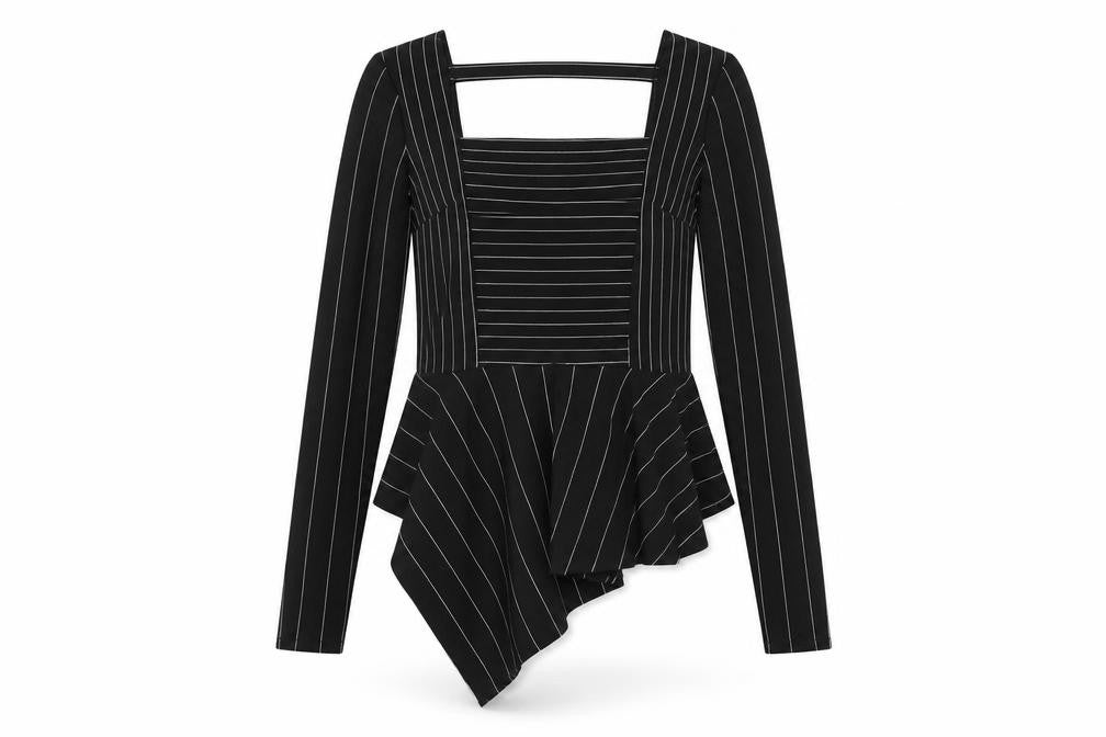 Front view of River Island women’s black striped polyester basic t-shirt, size UK 8, square neck