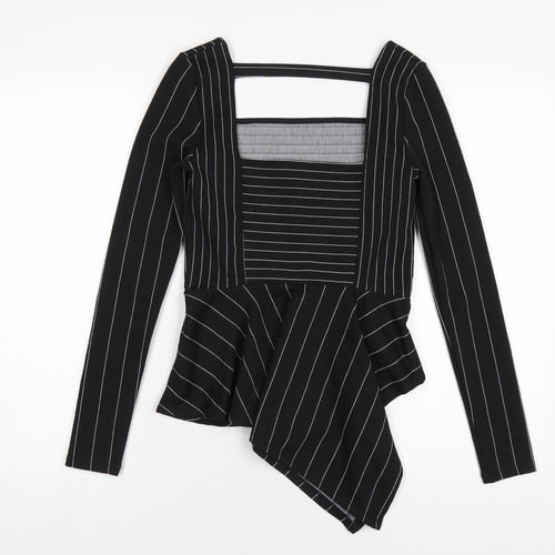River Island Womens Black Striped Polyester Basic T-Shirt Size 8 Square Neck