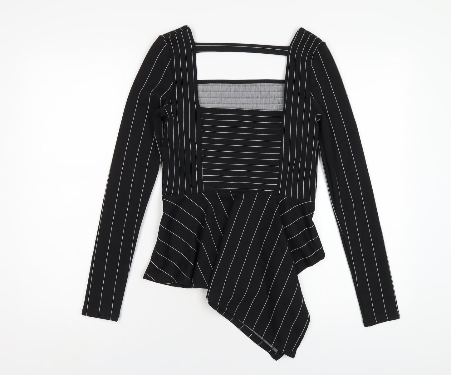 River Island Womens Black Striped Polyester Basic T-Shirt Size 8 Square Neck