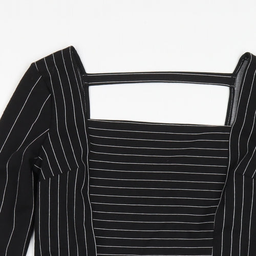 River Island Womens Black Striped Polyester Basic T-Shirt Size 8 Square Neck