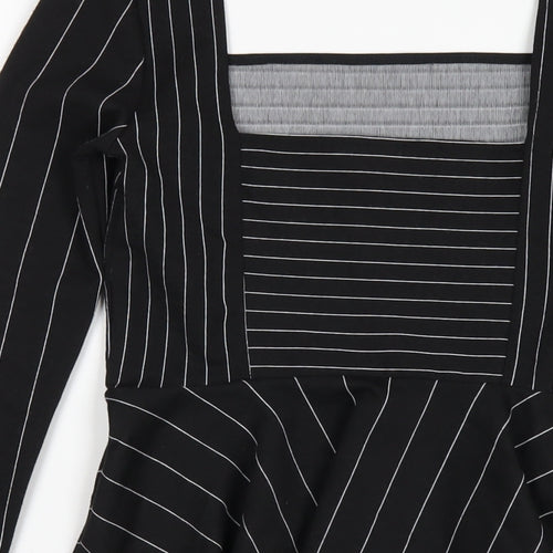 River Island Womens Black Striped Polyester Basic T-Shirt Size 8 Square Neck