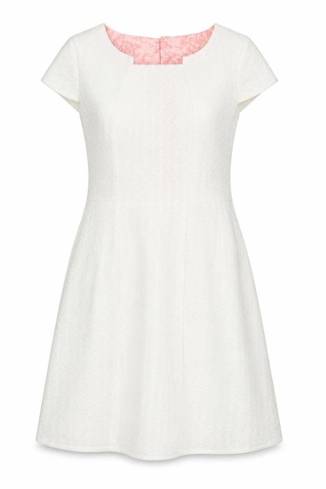 Front view of Yumi women’s ivory polyester a-line, size UK 14, square neck zip