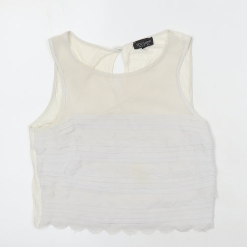 Topshop Womens Ivory Herringbone Polyester Blend Tunic Blouse Size 8 Round Neck - Scalloped hem