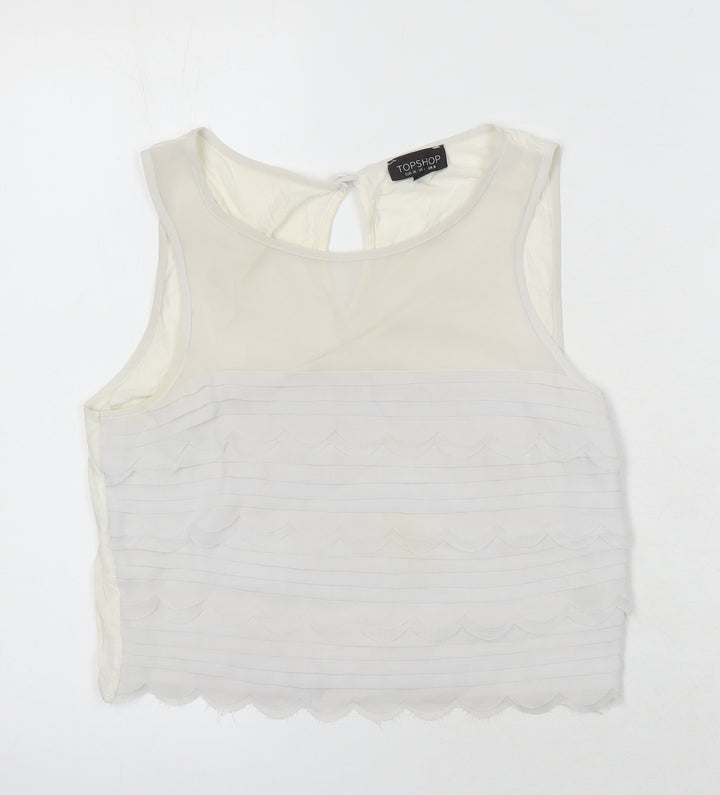 Topshop Womens Ivory Herringbone Polyester Blend Tunic Blouse Size 8 Round Neck - Scalloped hem