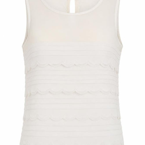 Topshop Womens Ivory Herringbone Polyester Blend Tunic Blouse Size 8 Round Neck - Scalloped hem