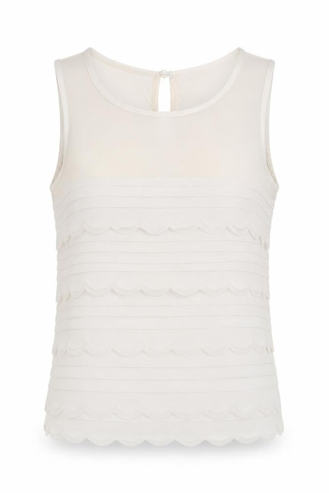 Topshop Womens Ivory Herringbone Polyester Blend Tunic Blouse Size 8 Round Neck - Scalloped hem