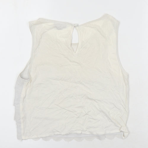 Topshop Womens Ivory Herringbone Polyester Blend Tunic Blouse Size 8 Round Neck - Scalloped hem