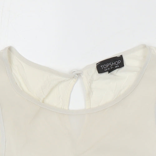 Topshop Womens Ivory Herringbone Polyester Blend Tunic Blouse Size 8 Round Neck - Scalloped hem