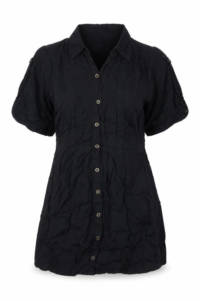 Front view of G21 women’s black viscose tunic blouse, size UK 12, collared