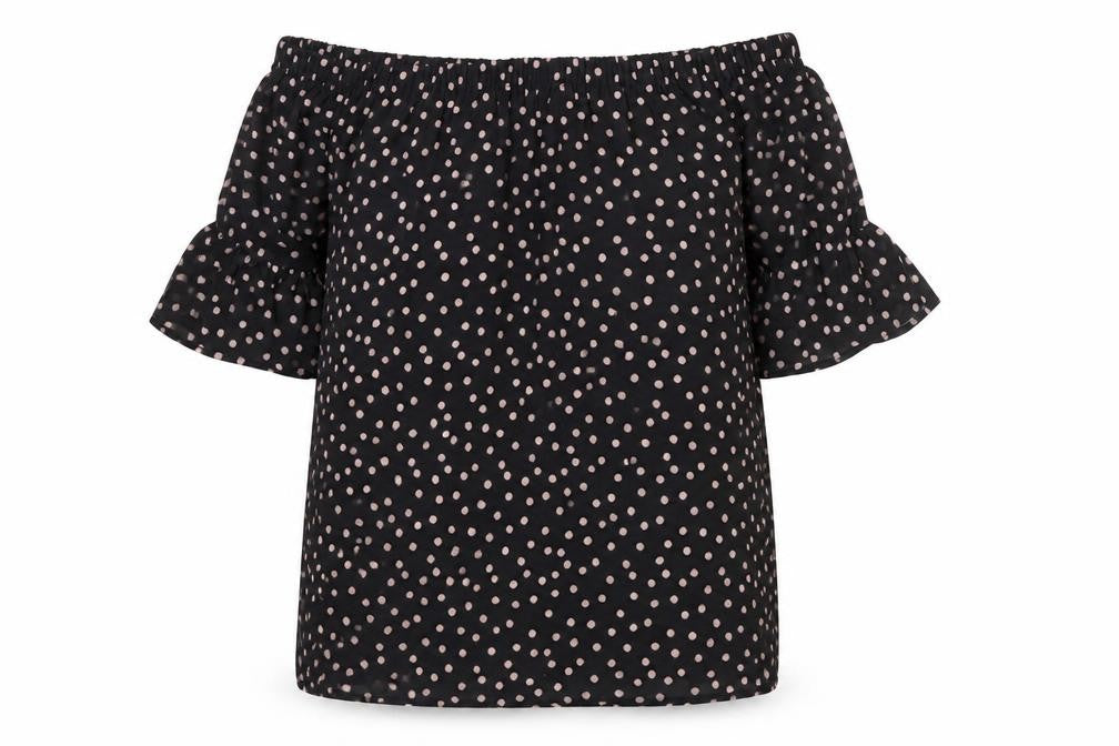 Front view of Sonsandar women’s multicoloured polka dot polyester blend tunic blouse, size UK 10, off the shoulder
