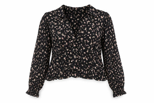 Front view of ASOS women’s multicoloured floral viscose tunic blouse, size UK 18, collared