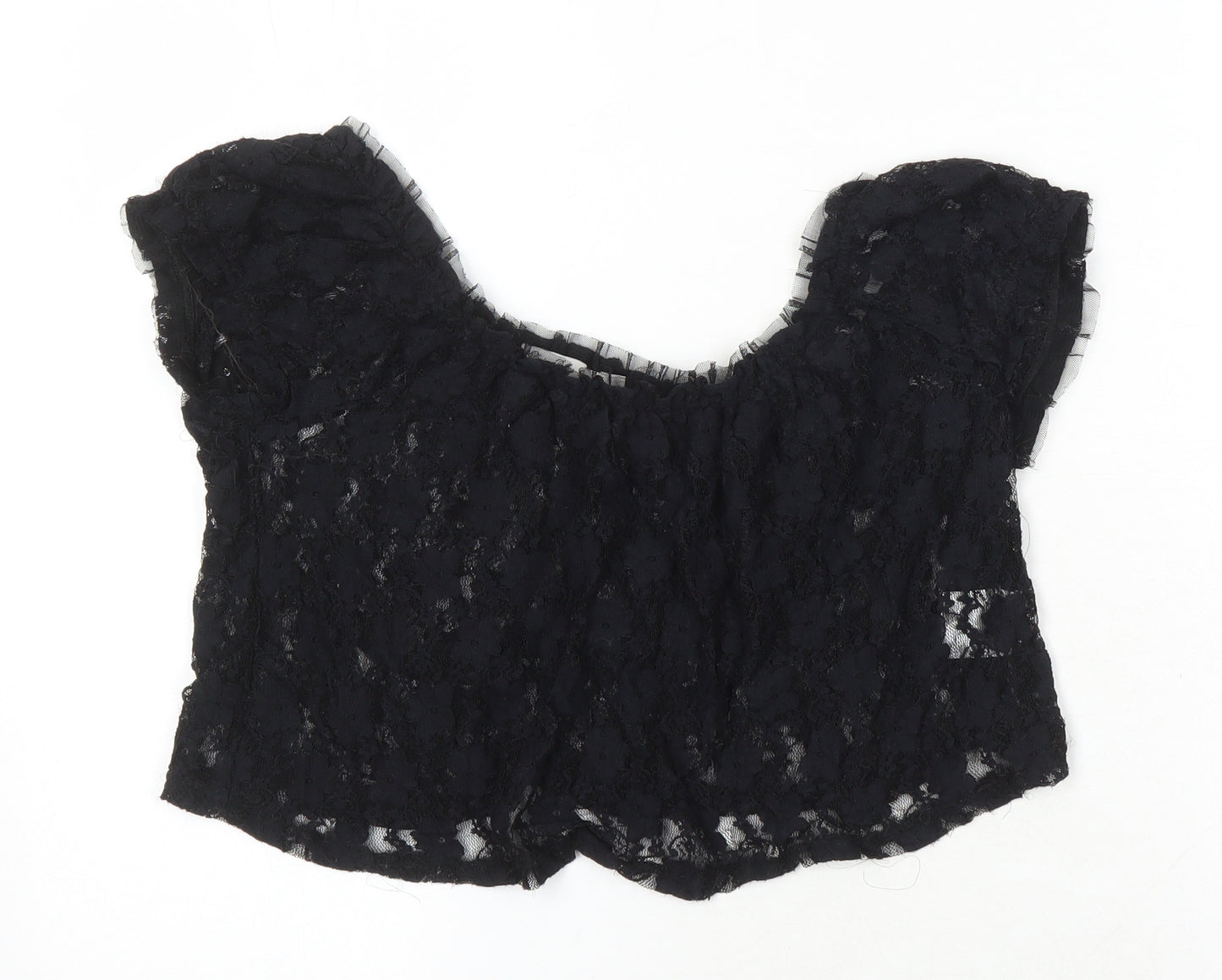 Gloria Jeans Company Womens Black Nylon Cropped Blouse Size S Scoop Neck - Lace Sheer