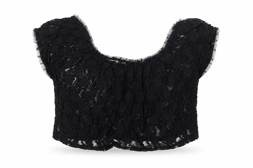 Gloria Jeans Company Womens Black Nylon Cropped Blouse Size S Scoop Neck - Lace Sheer