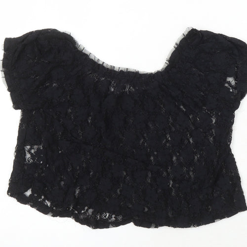 Gloria Jeans Company Womens Black Nylon Cropped Blouse Size S Scoop Neck - Lace Sheer