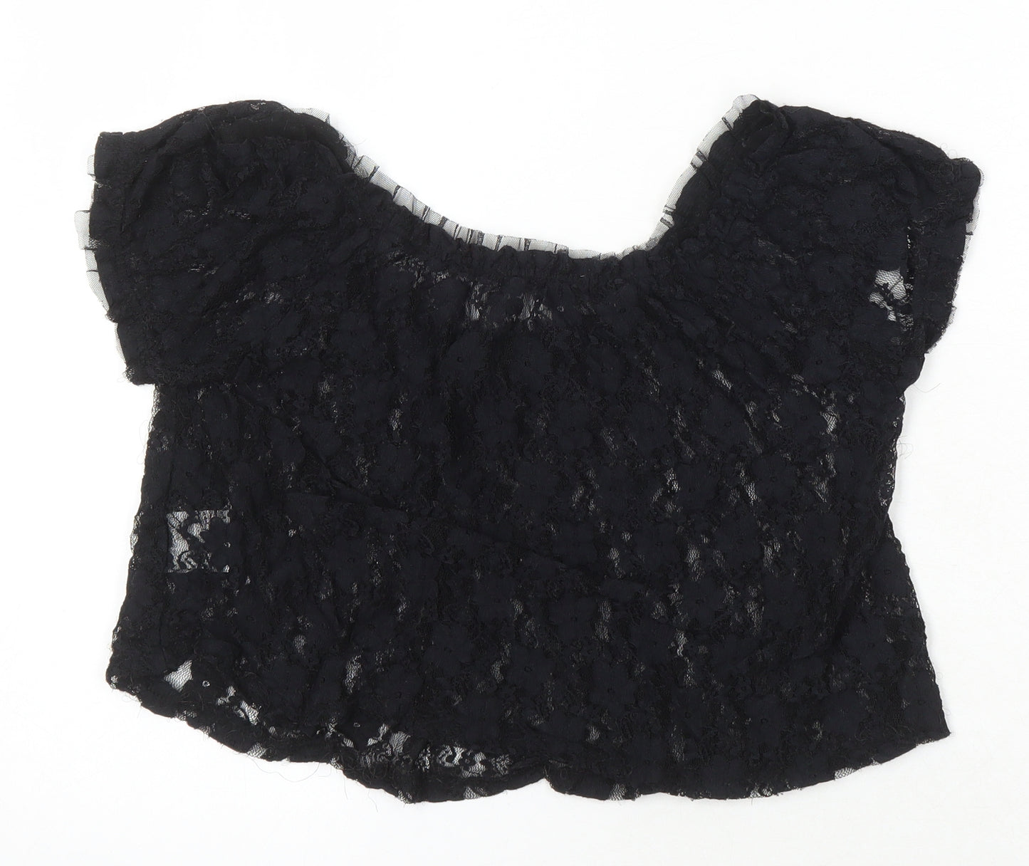 Gloria Jeans Company Womens Black Nylon Cropped Blouse Size S Scoop Neck - Lace Sheer