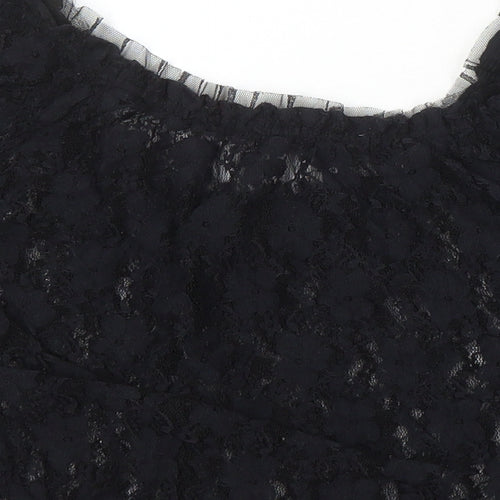 Gloria Jeans Company Womens Black Nylon Cropped Blouse Size S Scoop Neck - Lace Sheer