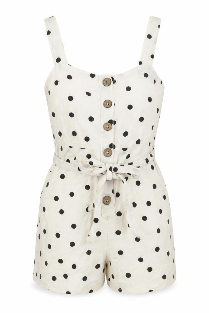 Front view of New Look women’s multicoloured polka dot 100% polyester playsuit one-piece, size UK 10, - pockets