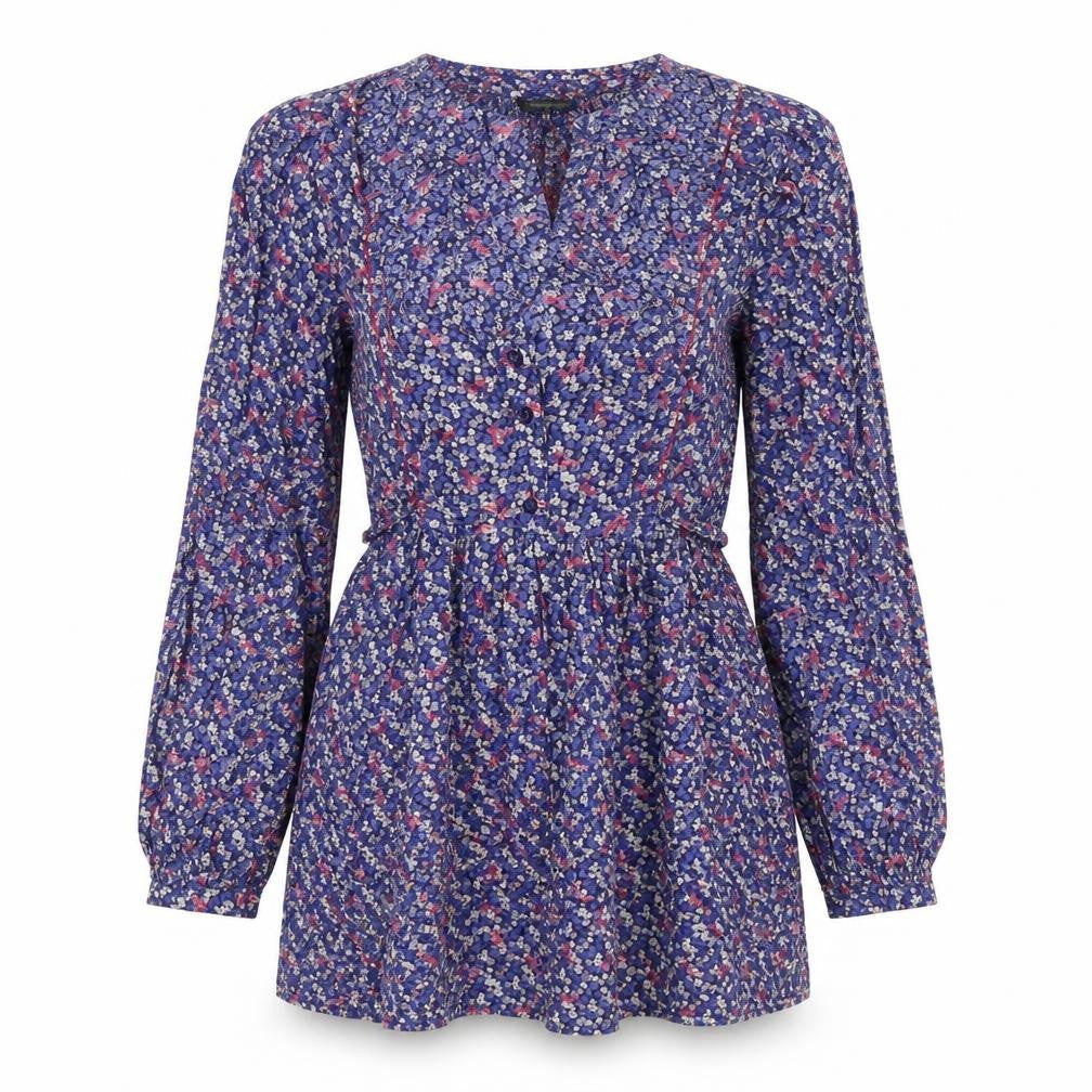 Front view of Onfire women’s multicoloured floral viscose tunic blouse, size UK 12, square neck