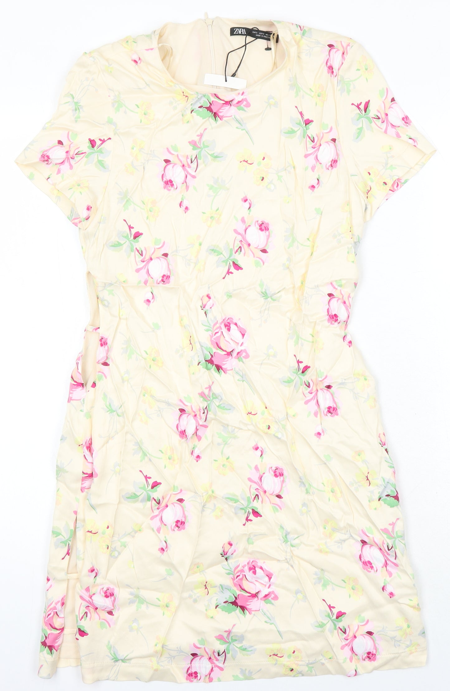Zara Womens Multicoloured Floral Polyester A-Line Size S Round Neck